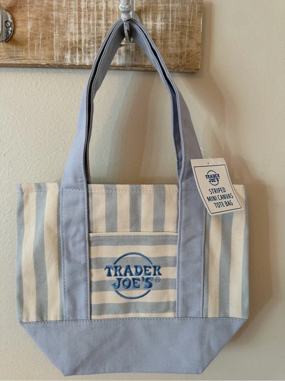 🛍️✨ NWT Mini Trader Joe's Canvas Tote Bag – Blue & Beige Stripes 🔥NEW RELEASE